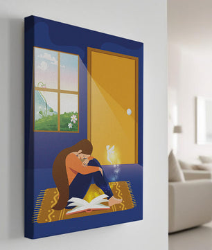 Woman sitting with an open magical book and a fairy in a room