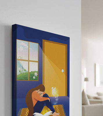 Woman sitting with an open magical book and a fairy in a room