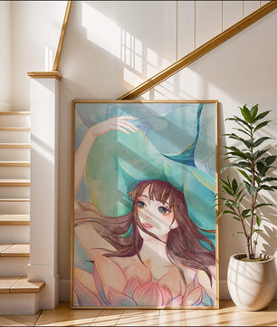 Serene water-inspired portrait of a woman with flowers