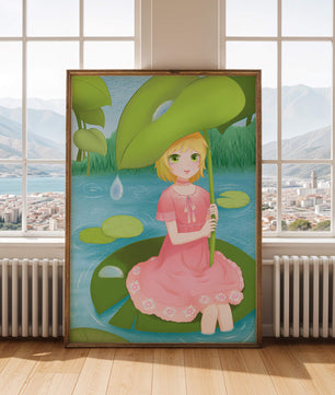 Whimsical Illustration of a Young Girl in a Pink Dress Sitting on a Lily Pad