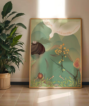 Dreamy nature-inspired illustration with bird and plant elements