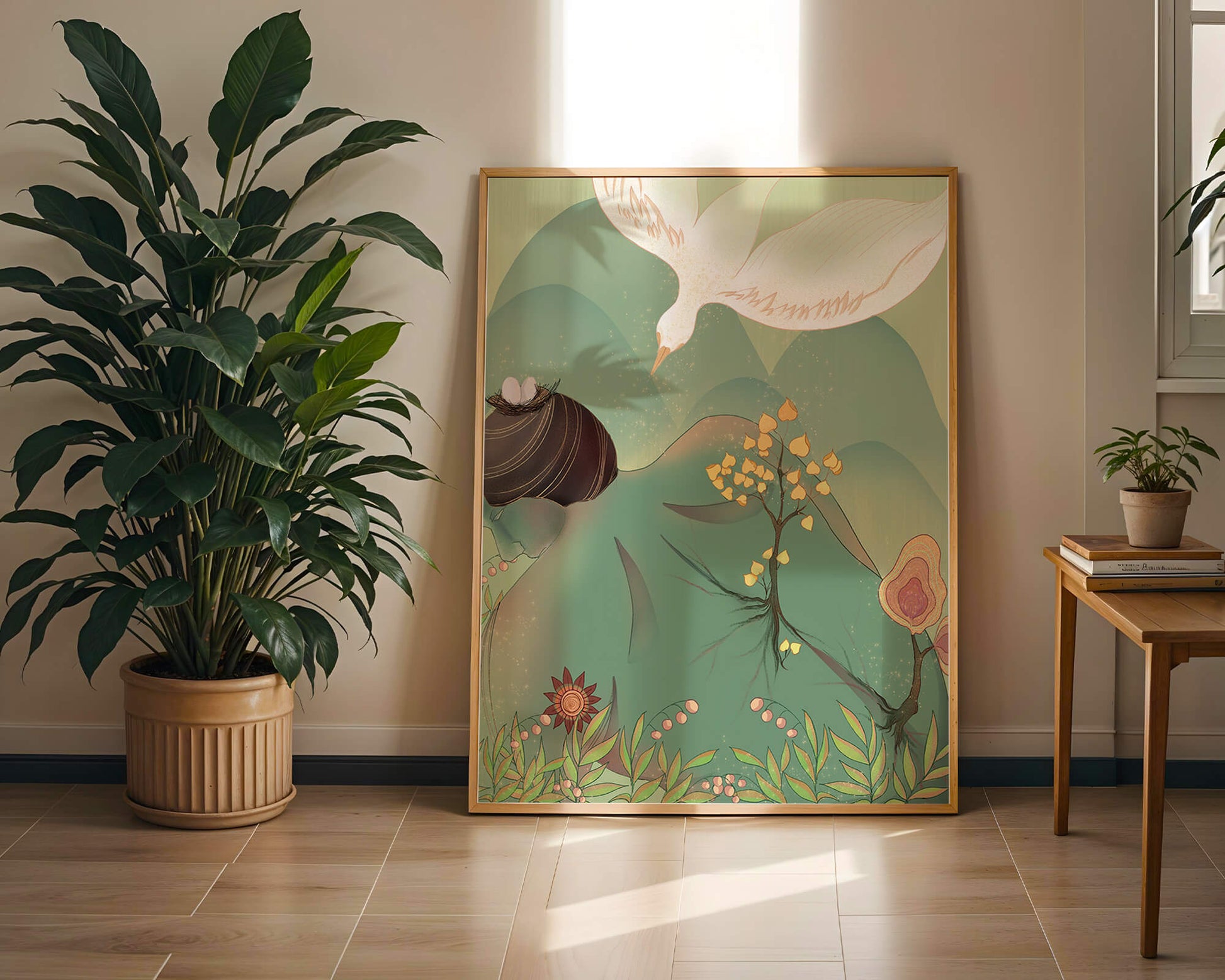 Dreamy nature-inspired illustration with bird and plant elements