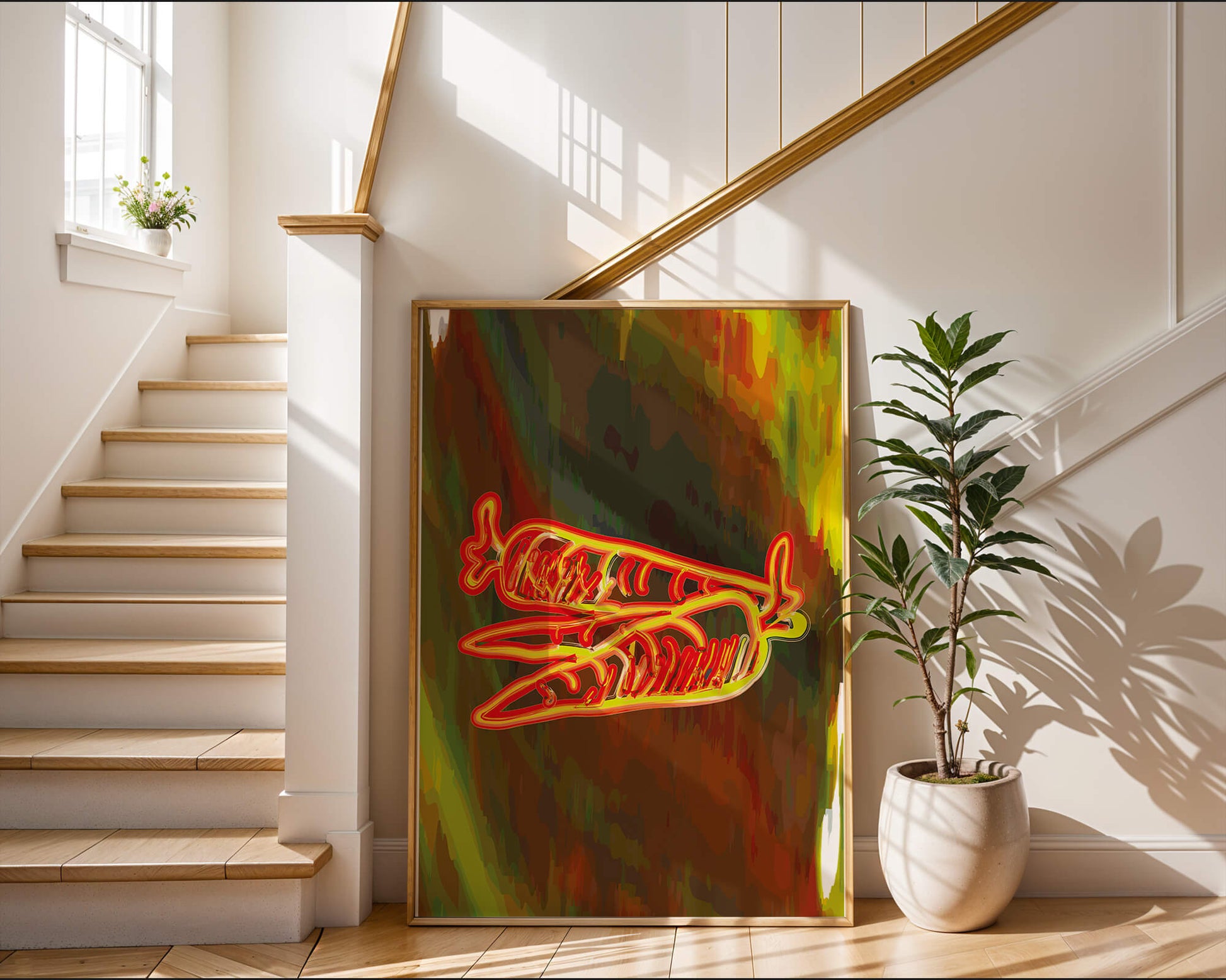 Abstract art featuring neon carrots on a colorful background