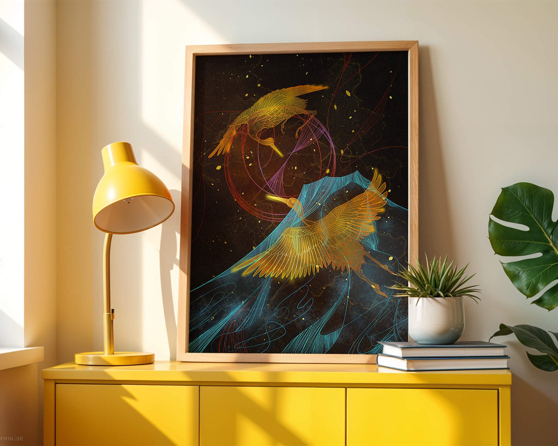 Elegant Cranes in Cosmic Dance with Golden and Blue Accents
