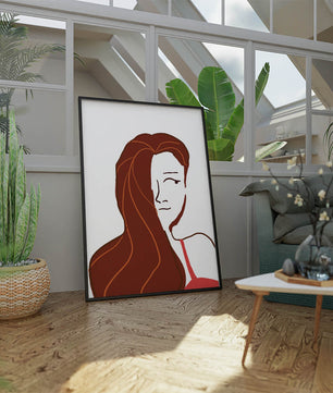 Ilustración estilizada de una mujer con cabello fluyendo y diseño minimalista