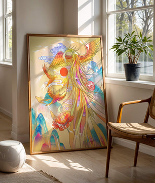 Colorful phoenix soaring in a dreamlike sky with vibrant flowers and mountains