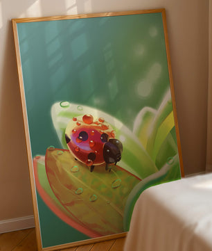 Ladybug on Leaf with Dew Drops in Serene Nature Setting - Mi tienda