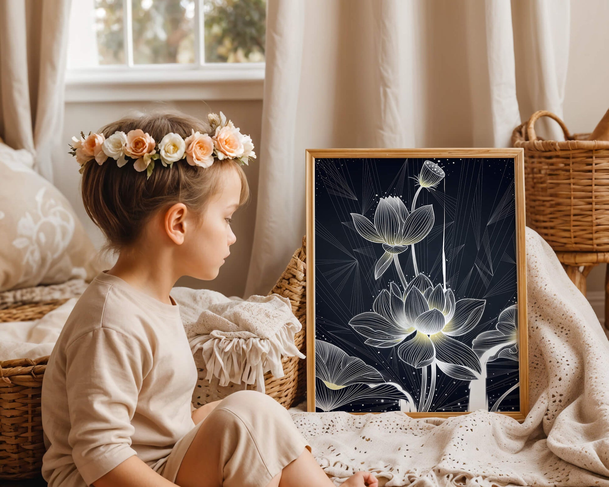 Elegant Lotus Flower Illustration with Geometric Background