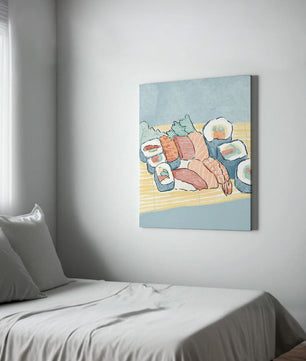 Illustration of assorted sushi rolls with shrimp and salmon on a bamboo mat