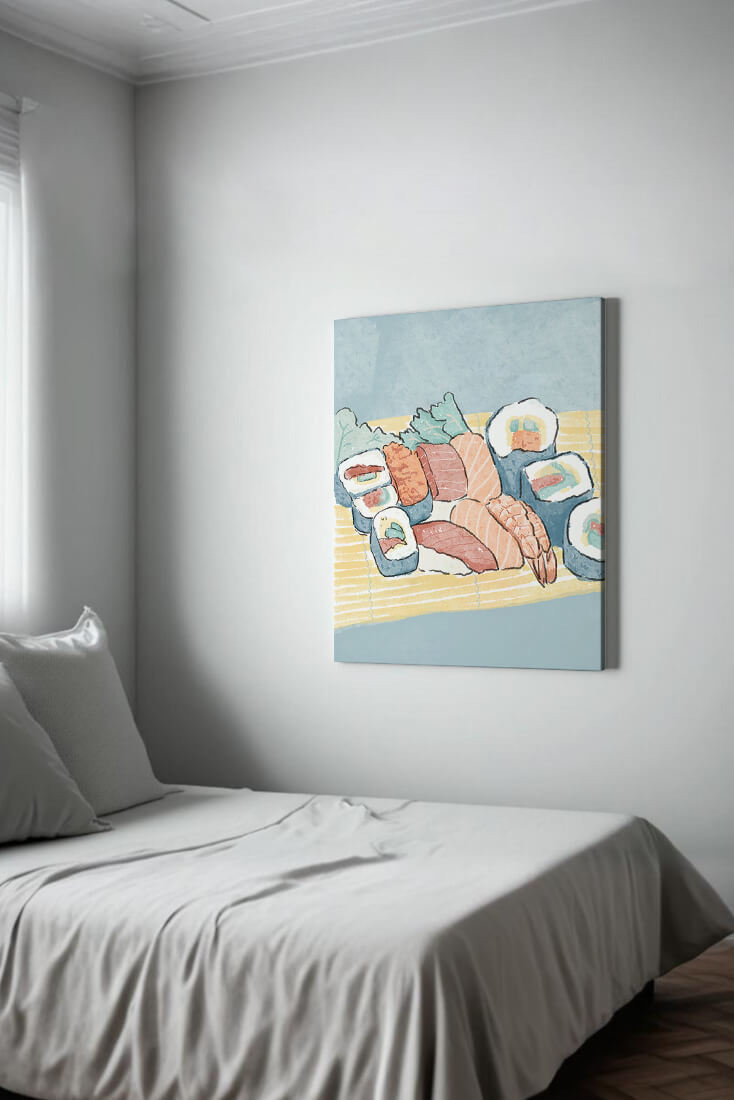 Illustration of assorted sushi rolls with shrimp and salmon on a bamboo mat