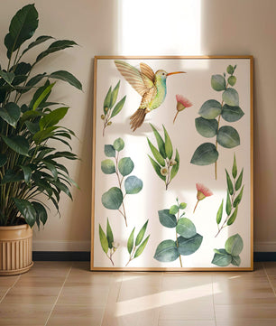 Illustration d'un colibri à l'aquarelle et de feuilles d'eucalyptus