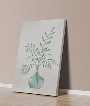 Illustration minimaliste à l’aquarelle de feuilles vertes dans un vase en verre