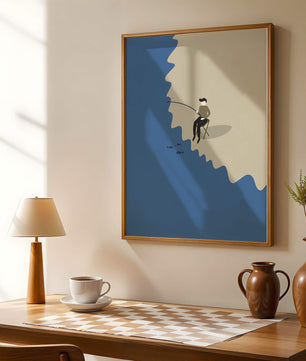 Minimalistic illustration of a person fishing by the sea