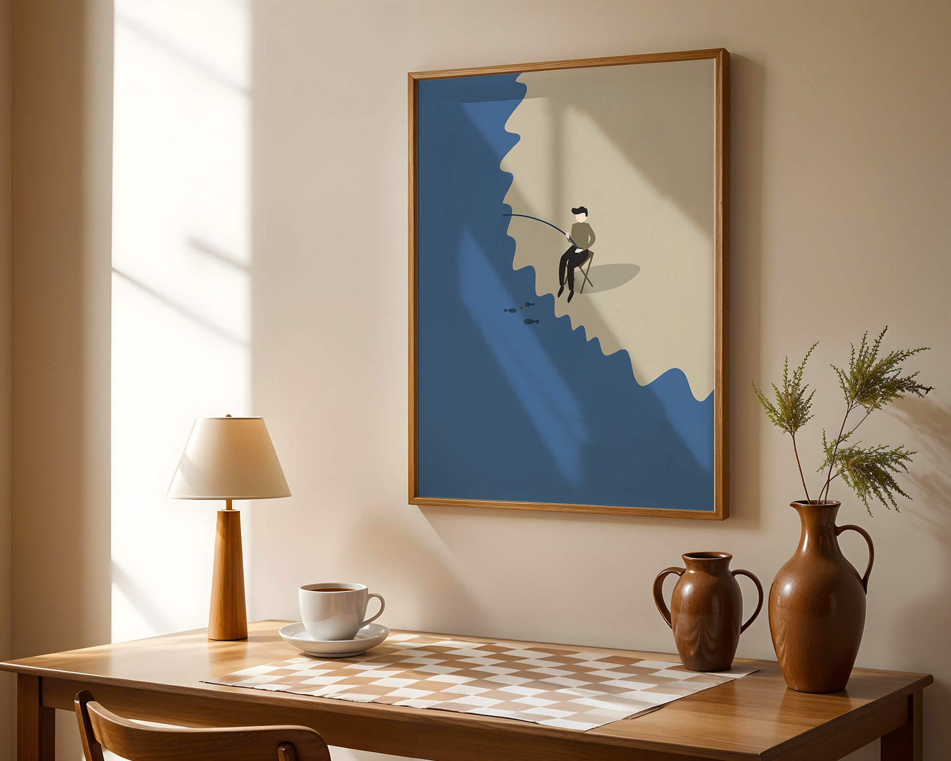 Ilustración minimalista de una persona pescando por el mar