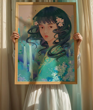 Retrato onírico de una niña con elementos florales y fondo natural