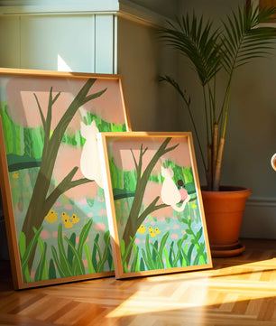 Encantadora ilustración al pastel de una niña y un gato junto a un estanque tranquilo