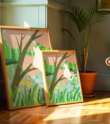 Charming Pastel Illustration of Girl and Cat by a Tranquil Pond