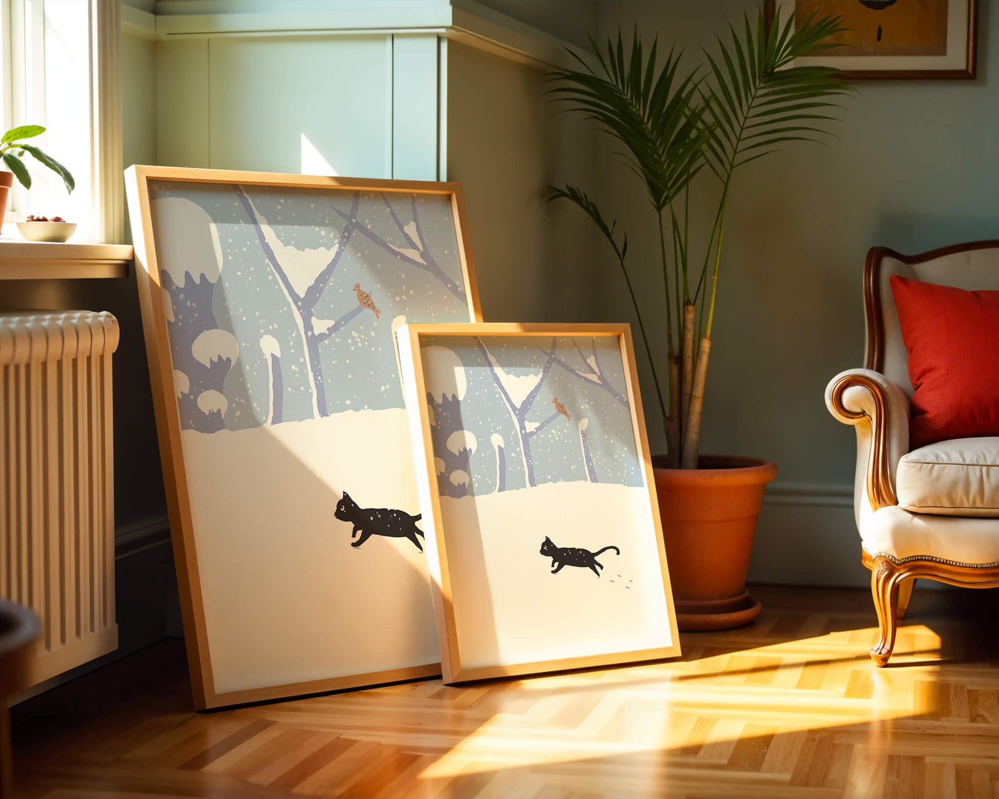 Illustrated snowy landscape with playful black cat and bird in winter scenery