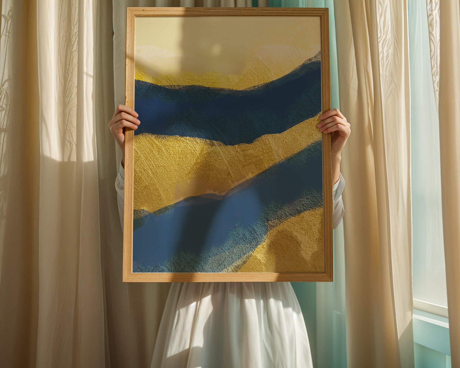 Abstract landscape with blue and yellow textured layers