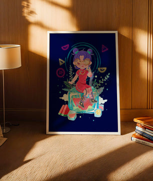 Personnage de dessin animé coloré avec des éléments futuristes