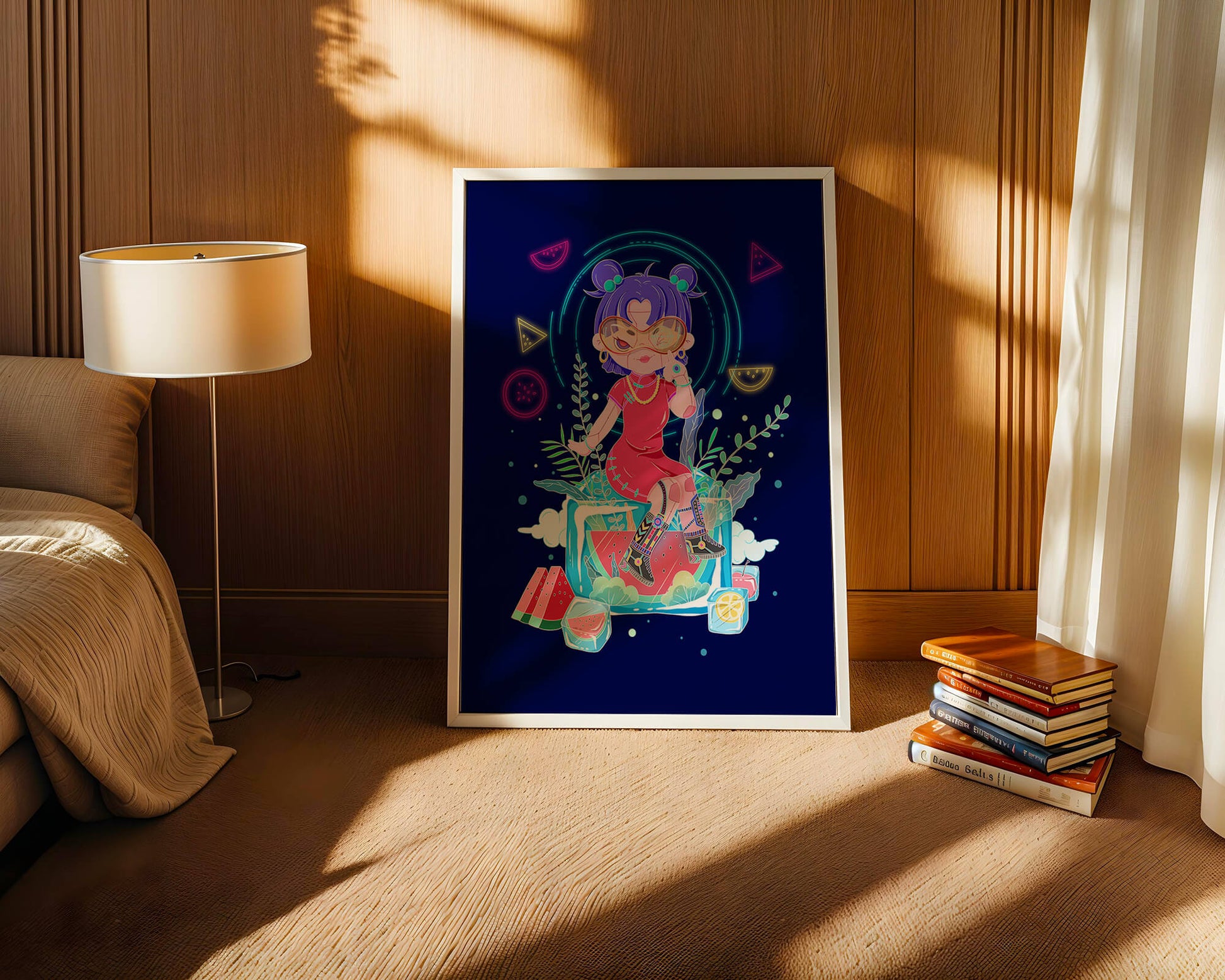 Personnage de dessin animé coloré avec des éléments futuristes