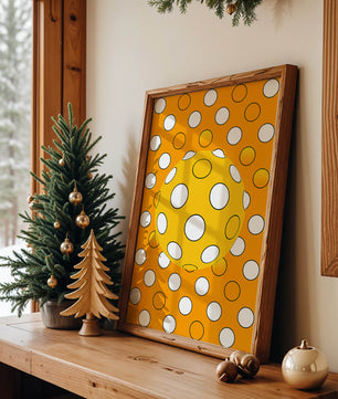 Colorful geometric pattern with white polka dots on orange background