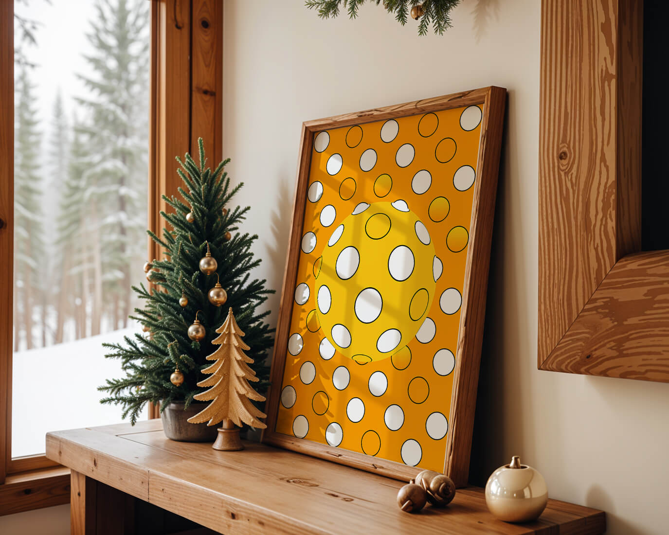 Colorful geometric pattern with white polka dots on orange background