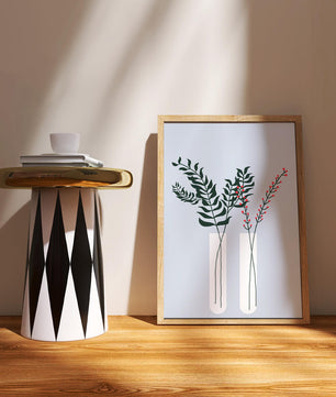 Modern Botanical Illustration with Green Leaves and Red Berries in Minimalist Vases - Mi tienda