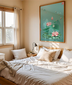 Illustration sereine de fleurs de lotus dans un étang paisible avec des montagnes
