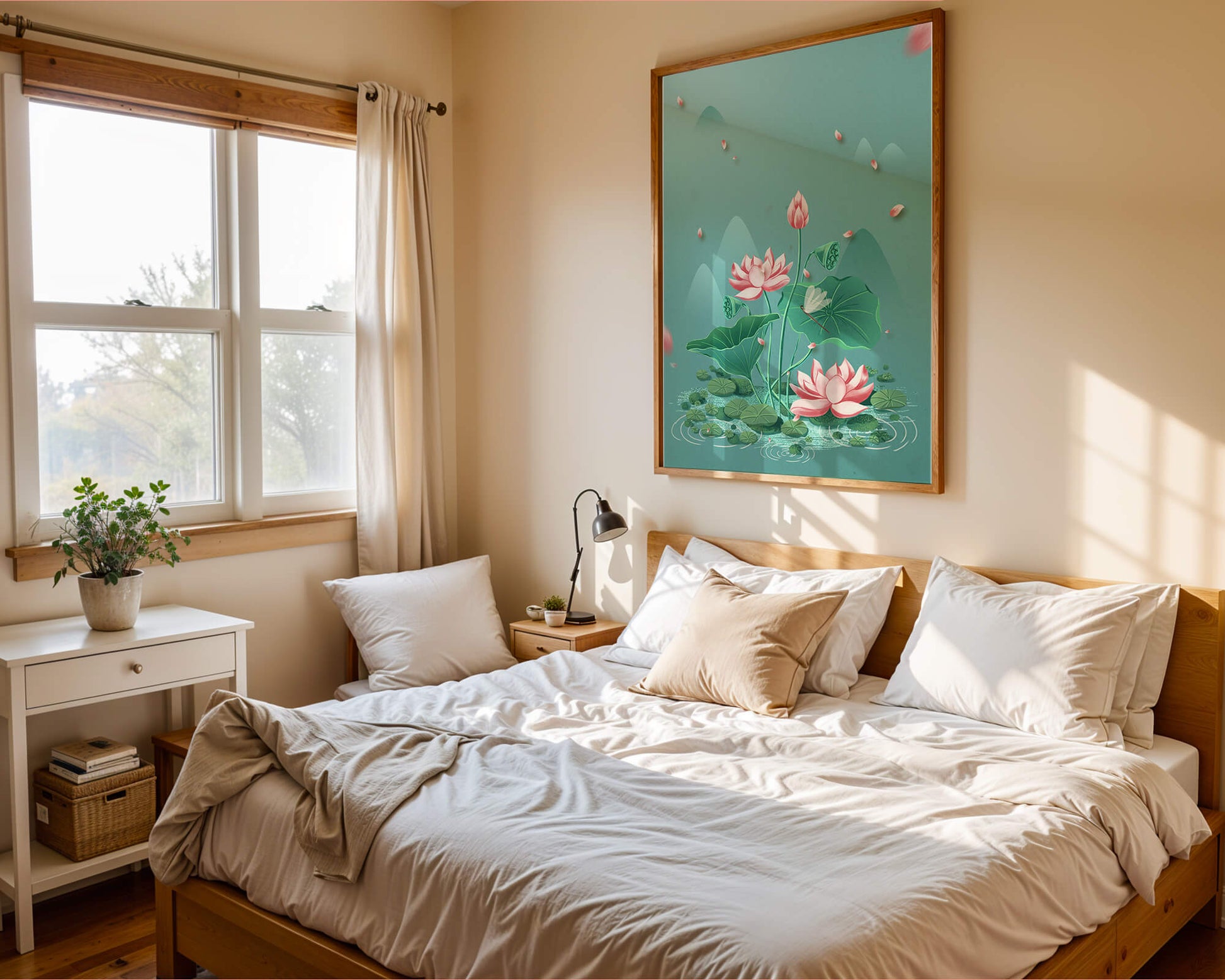 Serene illustration of lotus flowers in a tranquil pond setting with mountains