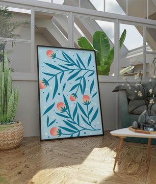 Abstract botanical pattern with colorful flowers and leaves on light blue background