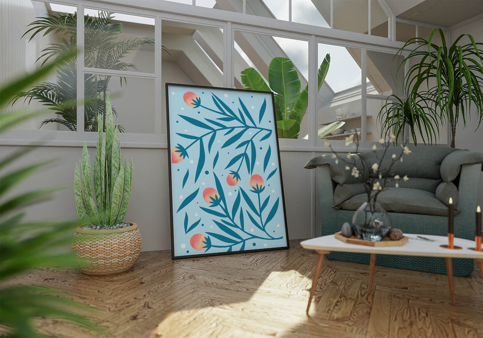 Abstract botanical pattern with colorful flowers and leaves on light blue background