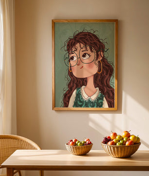 Illustration of a Thoughtful Girl with Glasses and Curly Hair