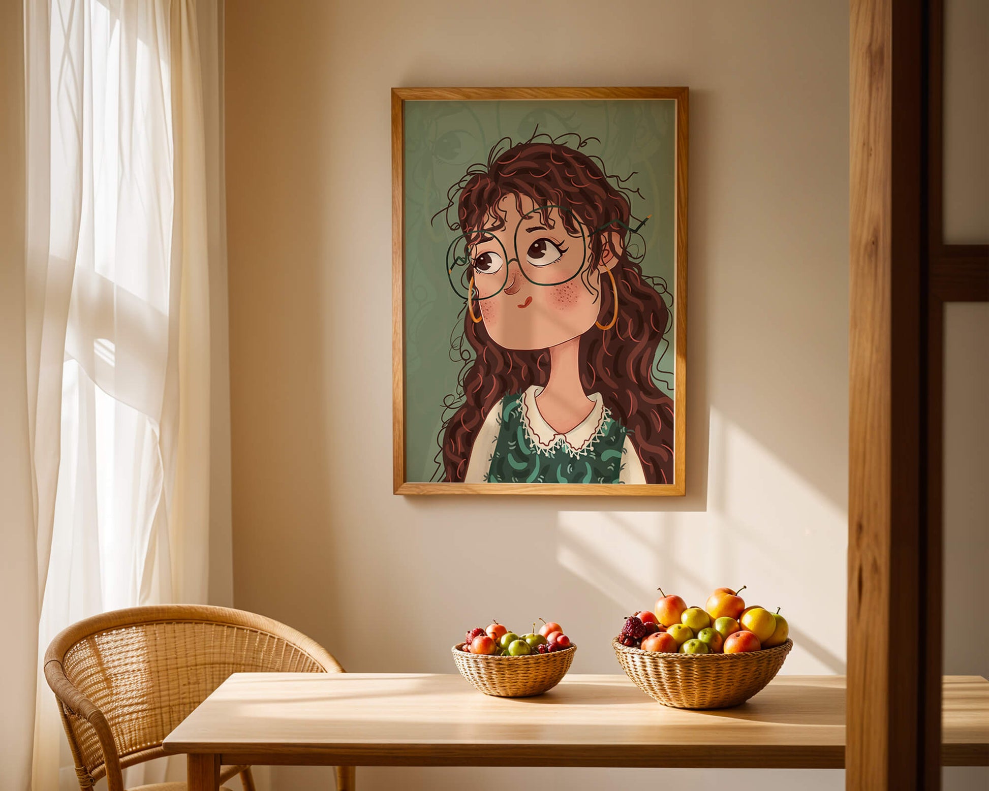 Ilustración de una chica pensativa con gafas y pelo rizado