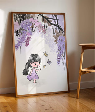 Charmante Illustration eines kleinen Mädchens mit Schmetterlingen und Glyzinienblüten