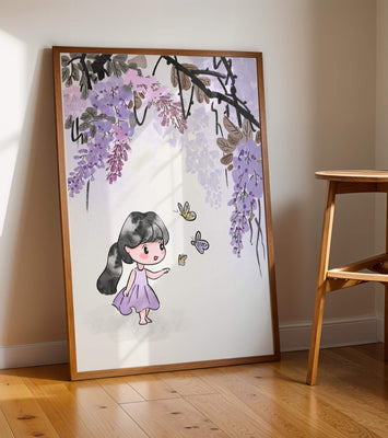 Charming illustration of a little girl with butterflies and wisteria flowers