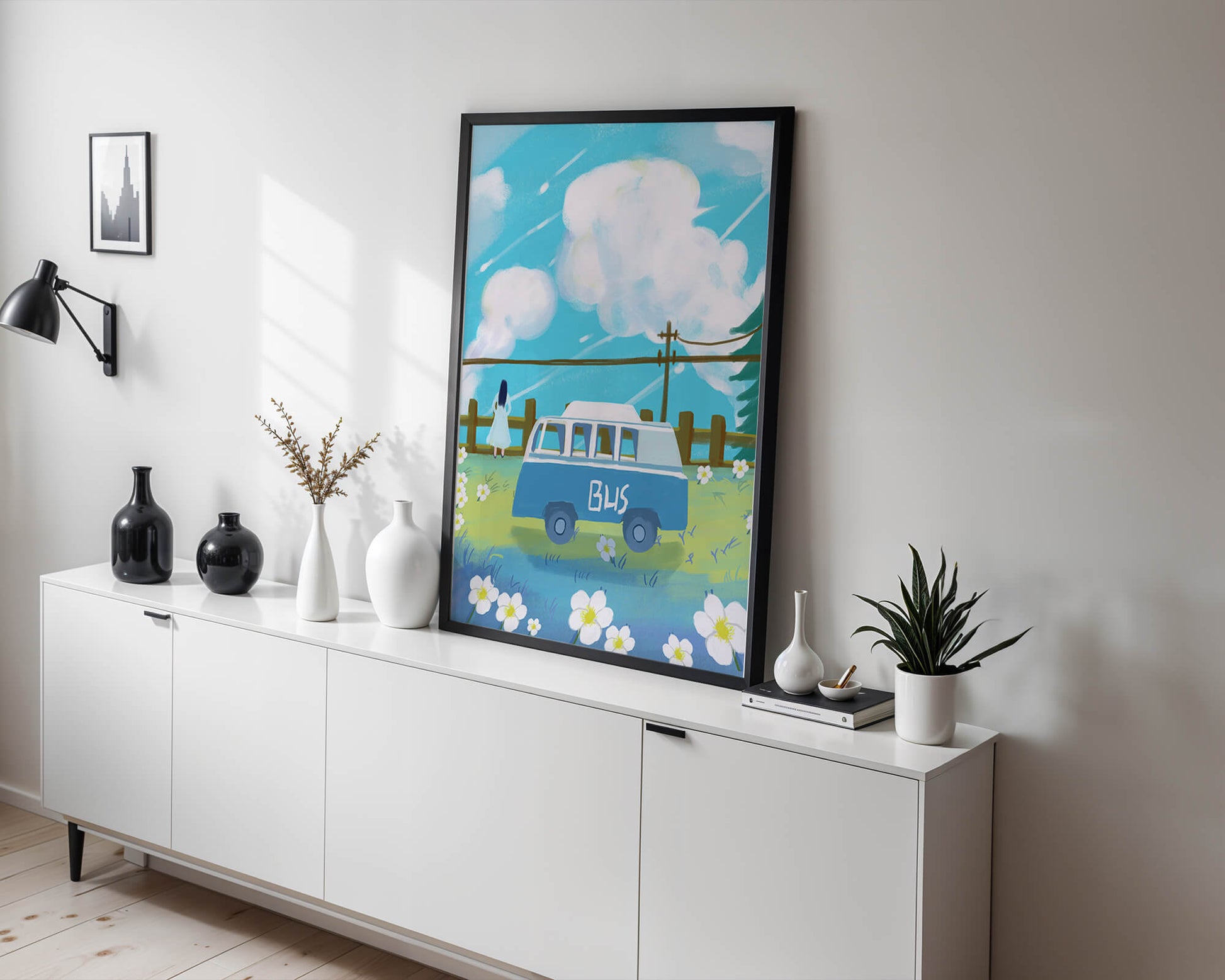 Ilustración escénica con autobús azul y prado en flor