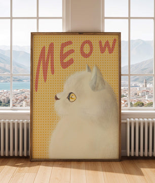 Profile View of a White Cat with Meow Text on Yellow Background