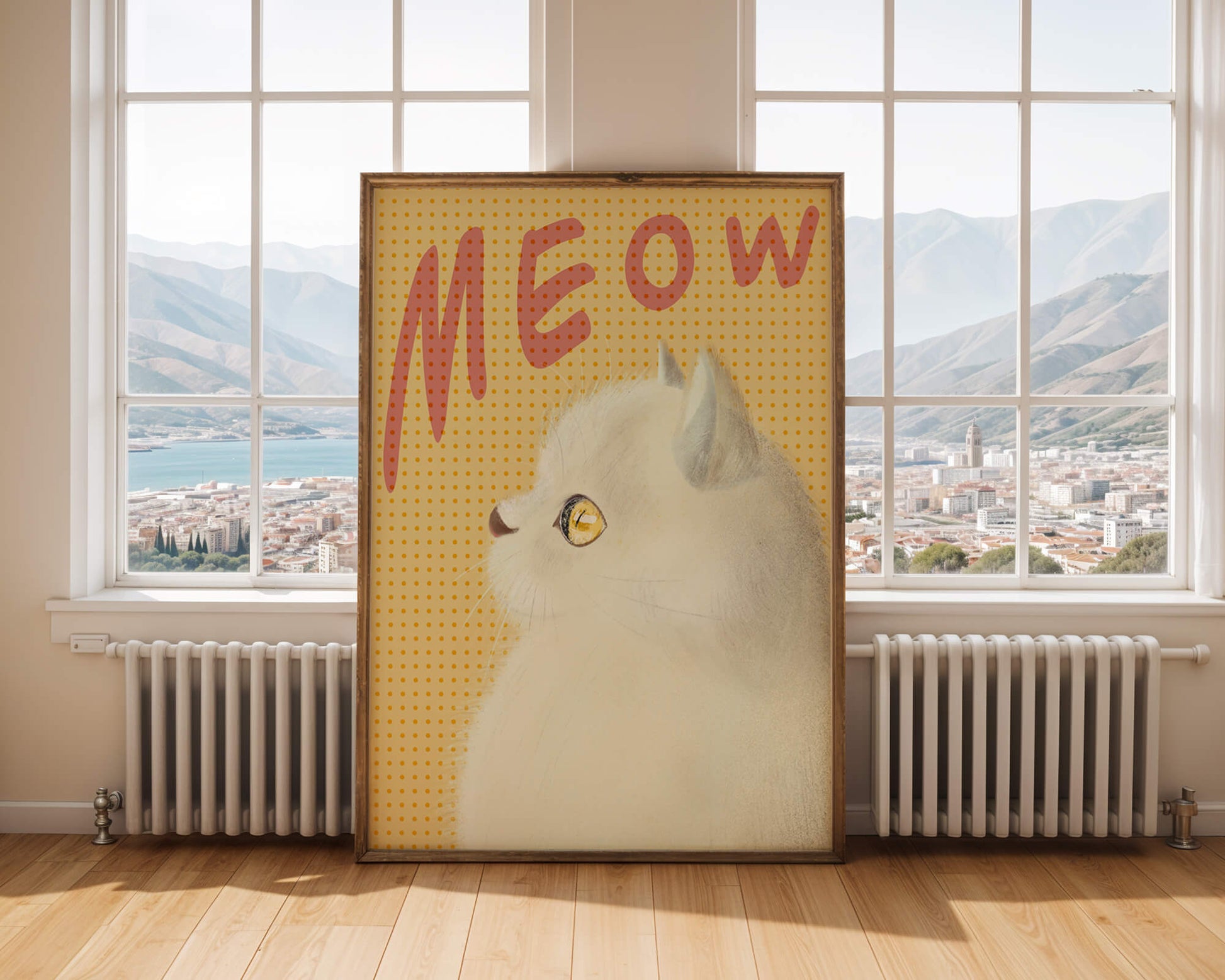 Profile View of a White Cat with Meow Text on Yellow Background