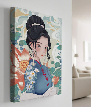 Una mujer elegante con vestido tradicional oriental con patrones florales y flores de loto