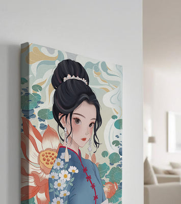 An Elegant Woman in Traditional Oriental Dress with Floral Patterns and Lotus Flowers