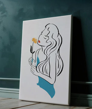 Ilustración estilizada de una mujer con una flor y elementos abstractos
