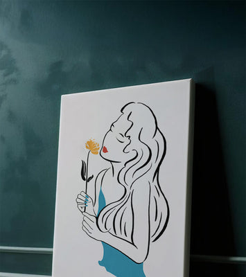 Stylized illustration of a woman with a flower and abstract elements