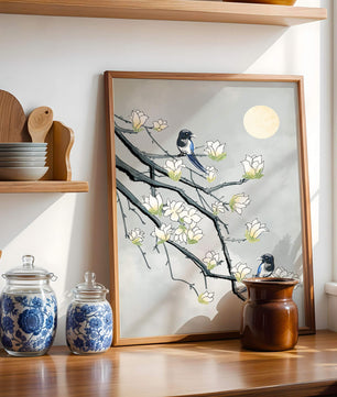 Birds on blossoming branches under a serene moonlit sky