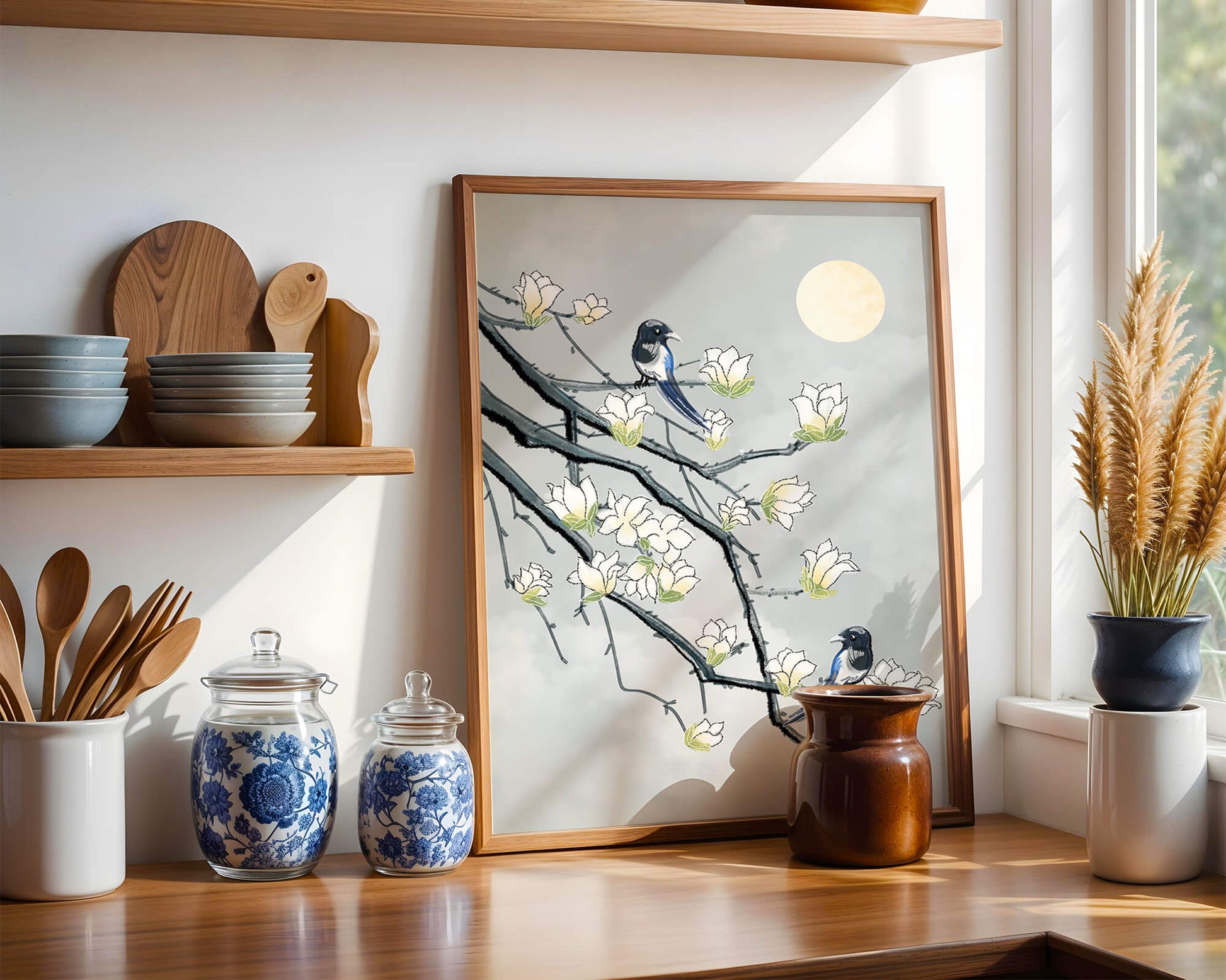 Birds on blossoming branches under a serene moonlit sky