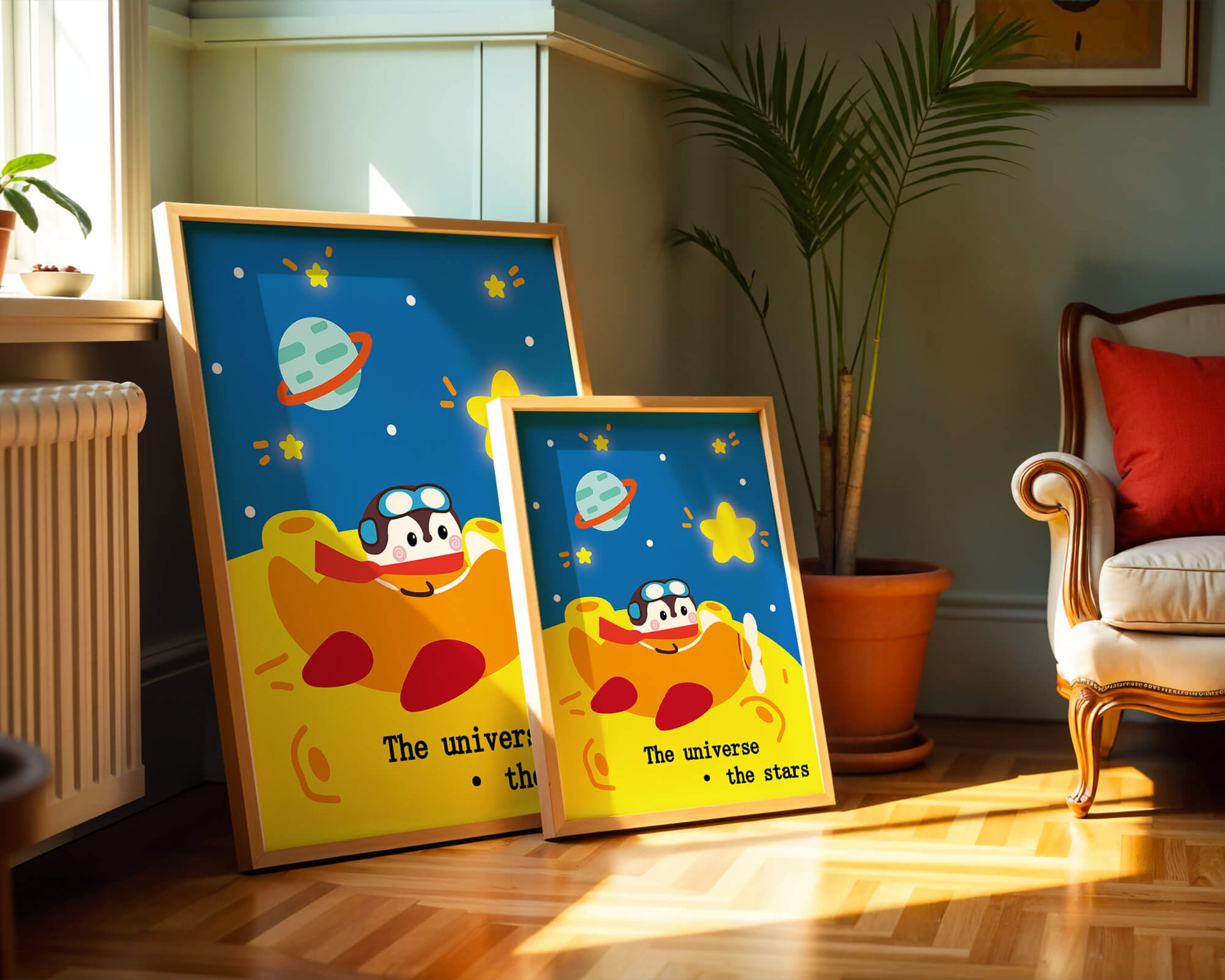 Colorful cartoon airplane with stars and planets in space