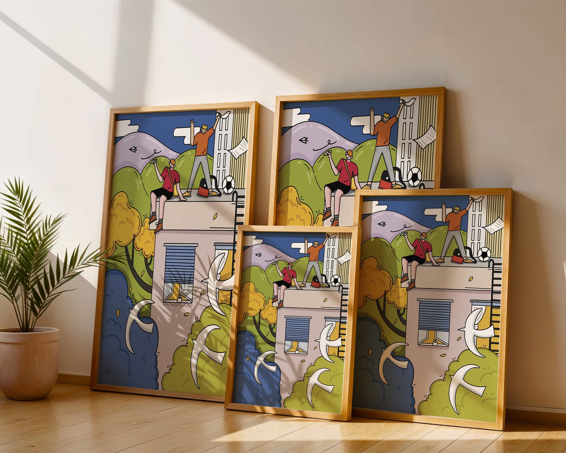 Youthful Adventure on Rooftop with Nature and Cityscape