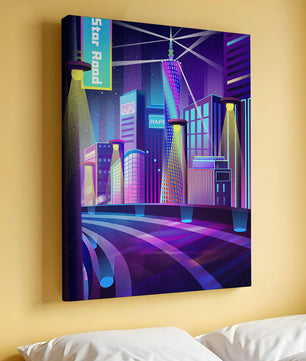 Futuristic Neon Cityscape with Illuminated Skyscrapers and Curved Road