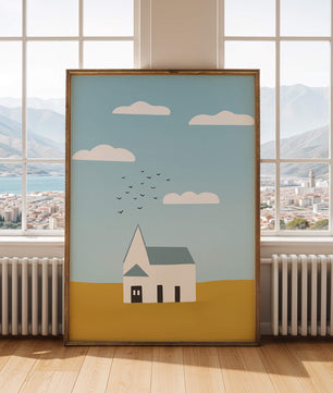 Paisaje minimalista con una casa blanca y cielo