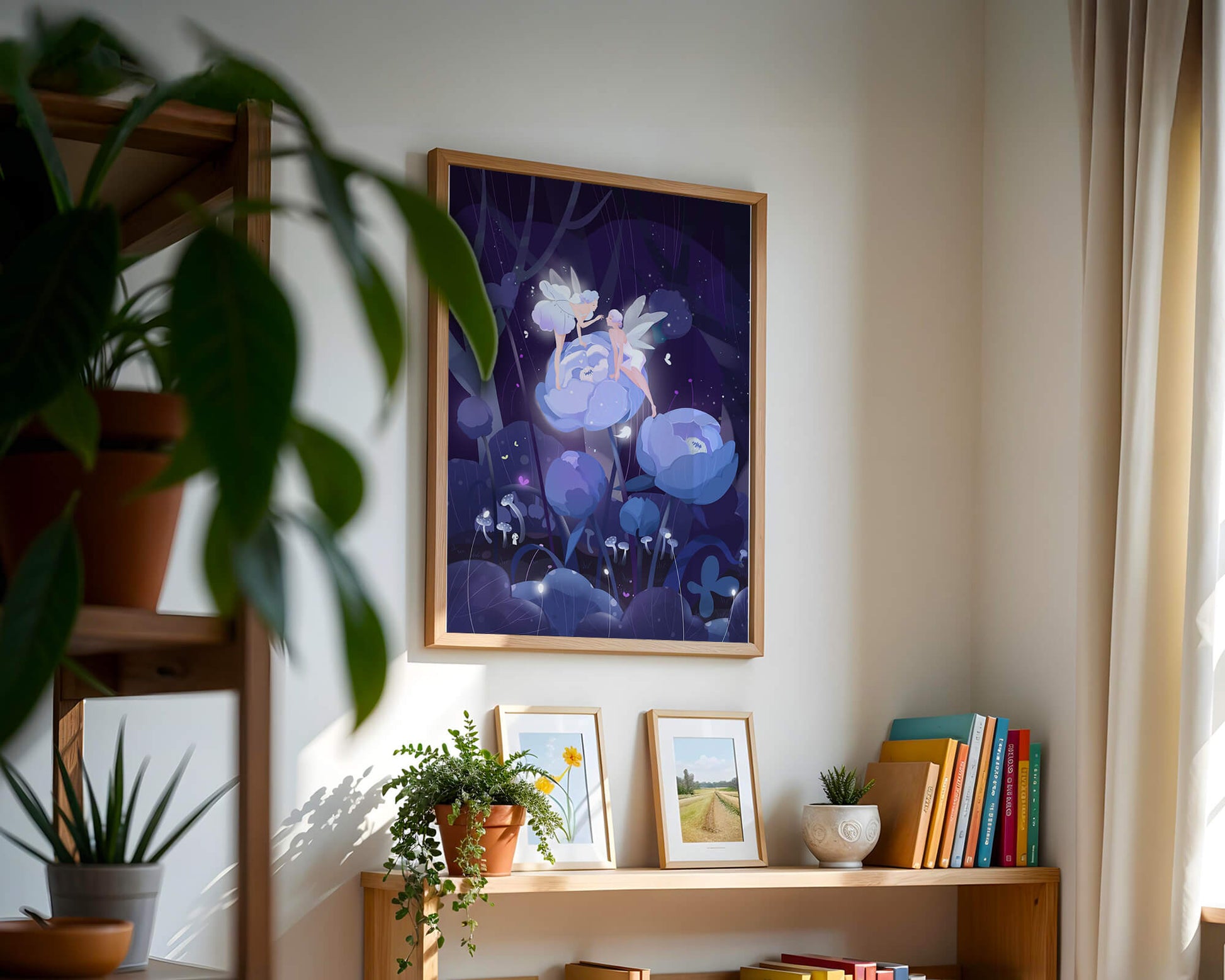 La forêt enchantée avec des fées et des fleurs lumineuses la nuit